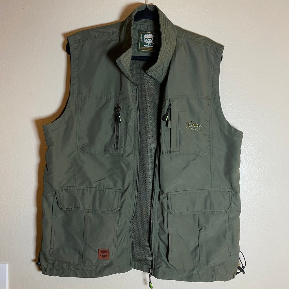 Outdoor Mens Vest Utility Travel Hiking Fishing Pockets Zipper Olive Green - Picture 2 of 14